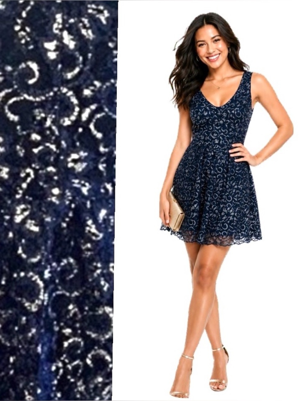 Aqua, Elegant navy and silver Lace Dress, Size L EUC
